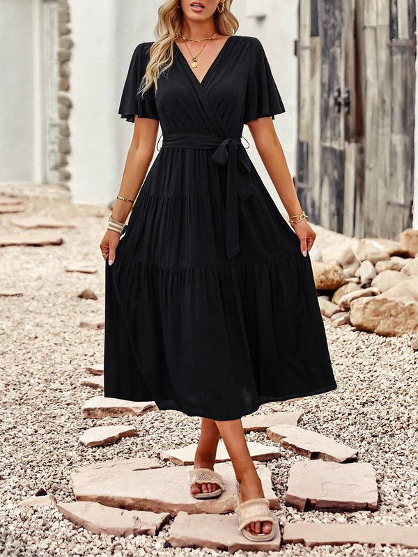Short Sleeves Belted Tea Length Dresses - CALABRO®