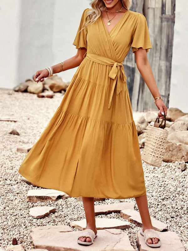 Short Sleeves Belted Tea Length Dresses - CALABRO®
