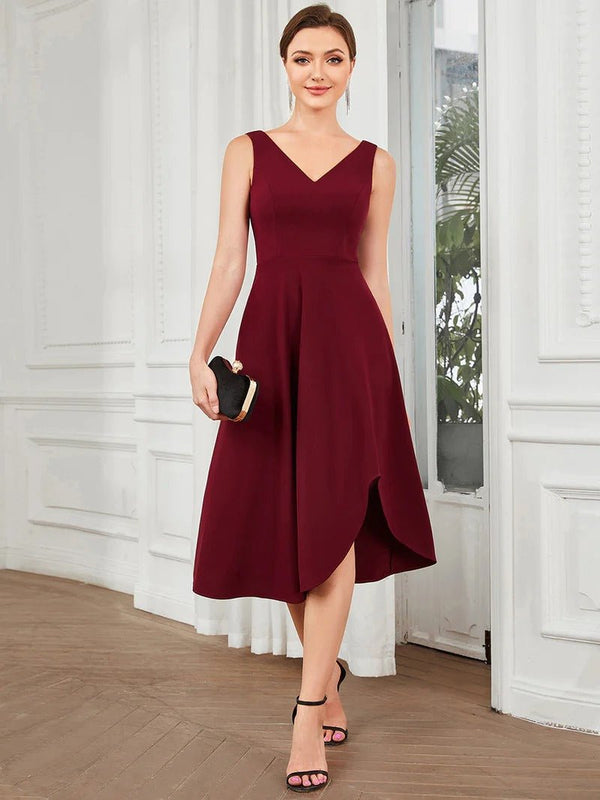 Sleeveless Asymmetrical Hem Evening Dresses with V Neck - CALABRO®