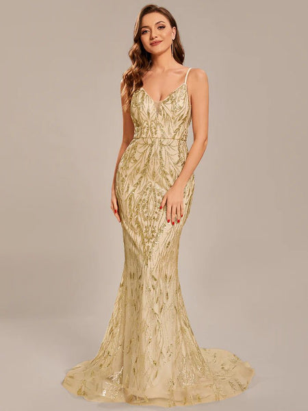 Sleeveless V-Neck Fishtail Popular fabrics Off Shoulder Custom Shiny Evening Dresses - CALABRO®