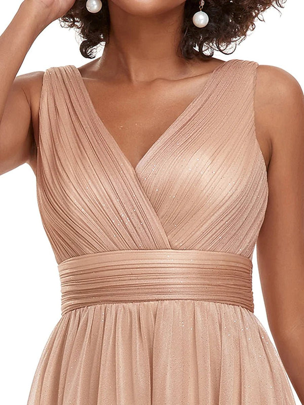 Sparkly V-Neck Ruched Evening Dress - CALABRO®
